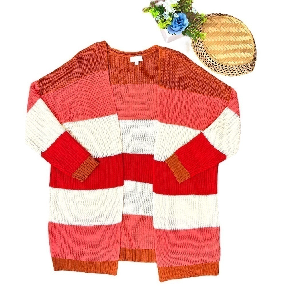 Pink Lily Boutique Colorblock Chunky Stripe Knitted Tunic Length Long Cardigan - Picture 2 of 15